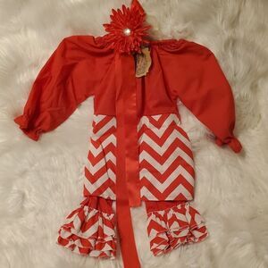 Boutique red & white Chevron ruffle pant set